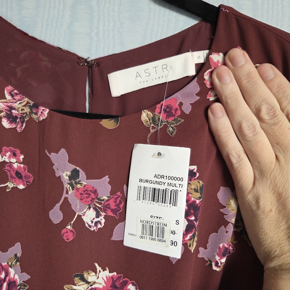 NWT ASTR‎ The Label Floral Faux Wrap Whimsigoth Chiffon Mini Dress Burgundy S - Picture 8 of 10